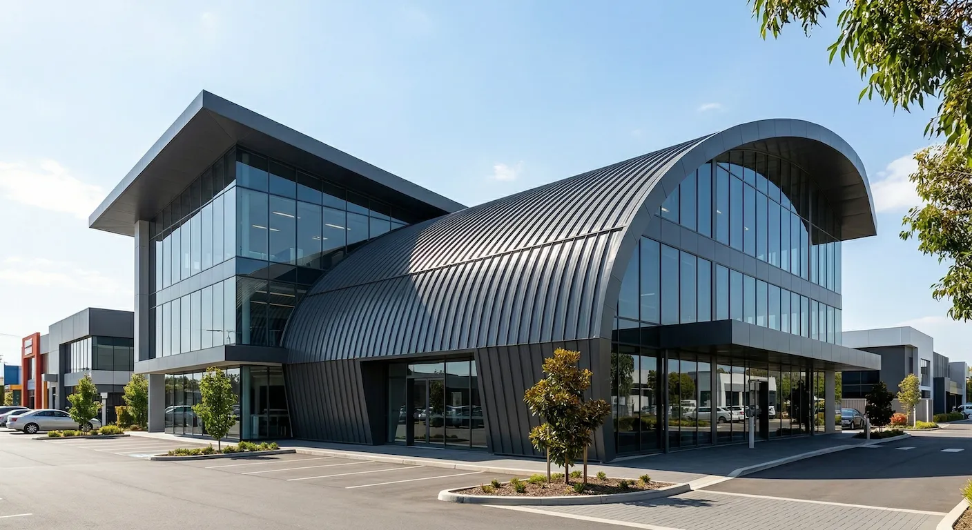 Contemporary commercial office complex featuring sleek charcoal grey color-coated metal cladding and roofing