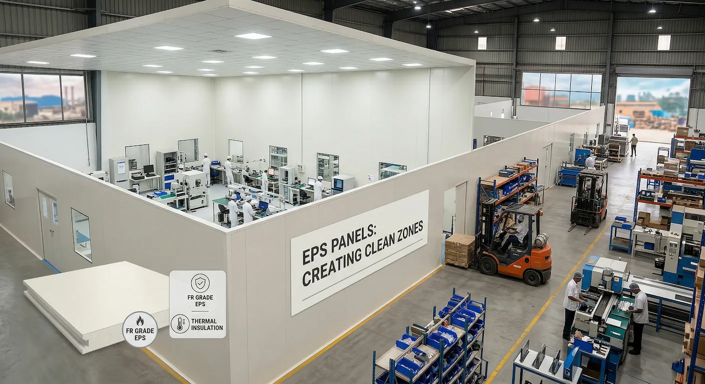 Clean factory processing zone with sound-damped EPS partition walls definition dust-controlled