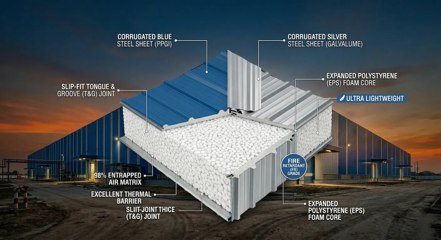 Cost-Effective EPS Sandwich Panel Detailed View showing material advantages