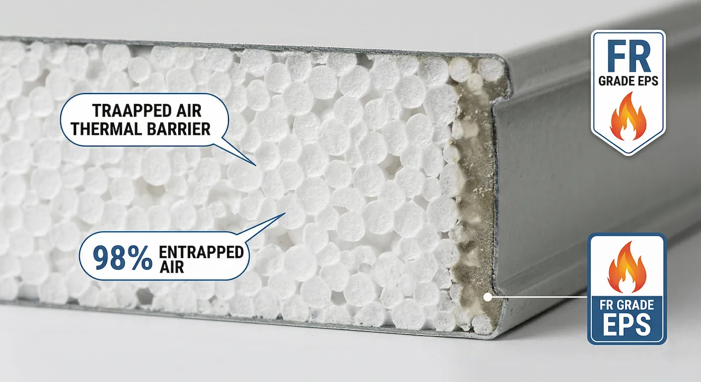 Fire-Retardant EPS Thermocol Core Matrix showing trapped air thermal barrier structure