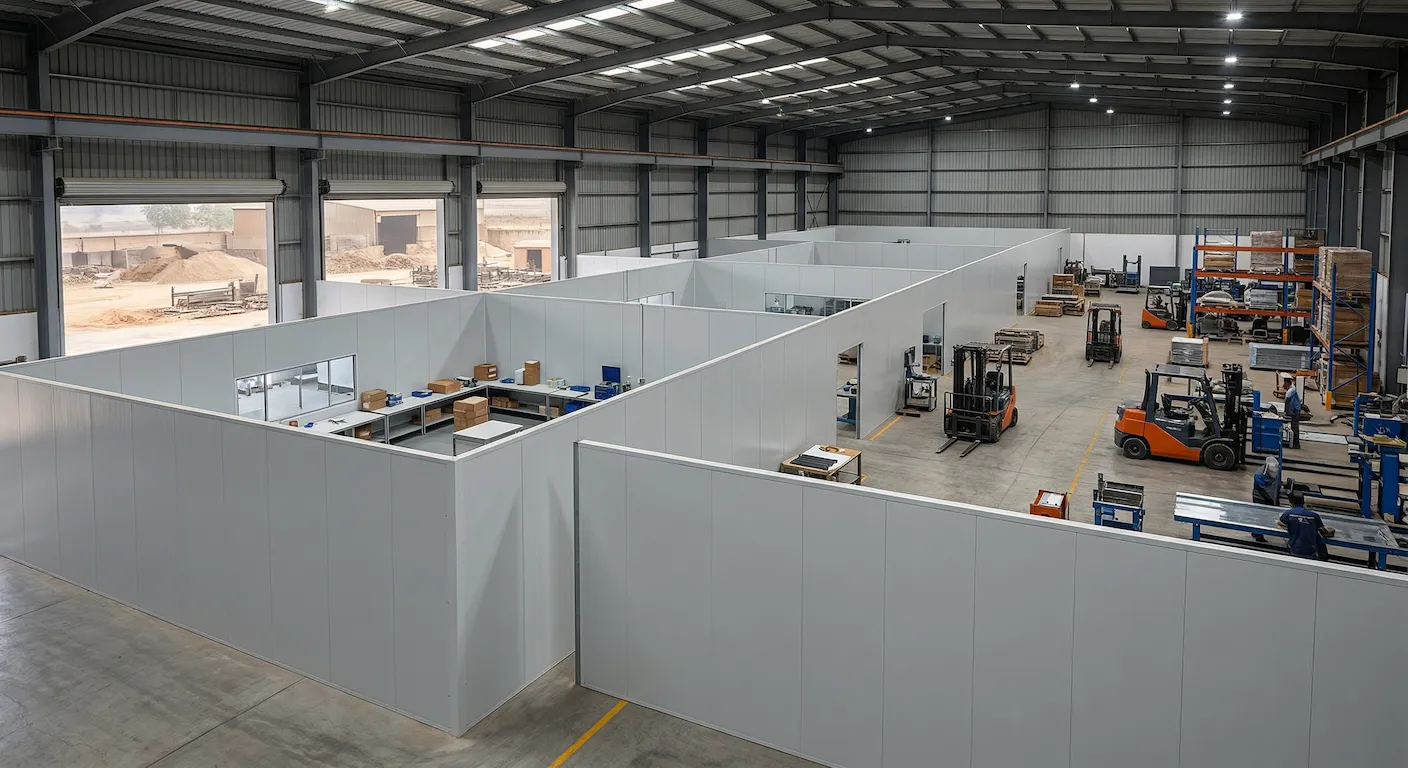 Large industrial warehouse divided by sound-damped EPS partition walls by Suraj Fabricator