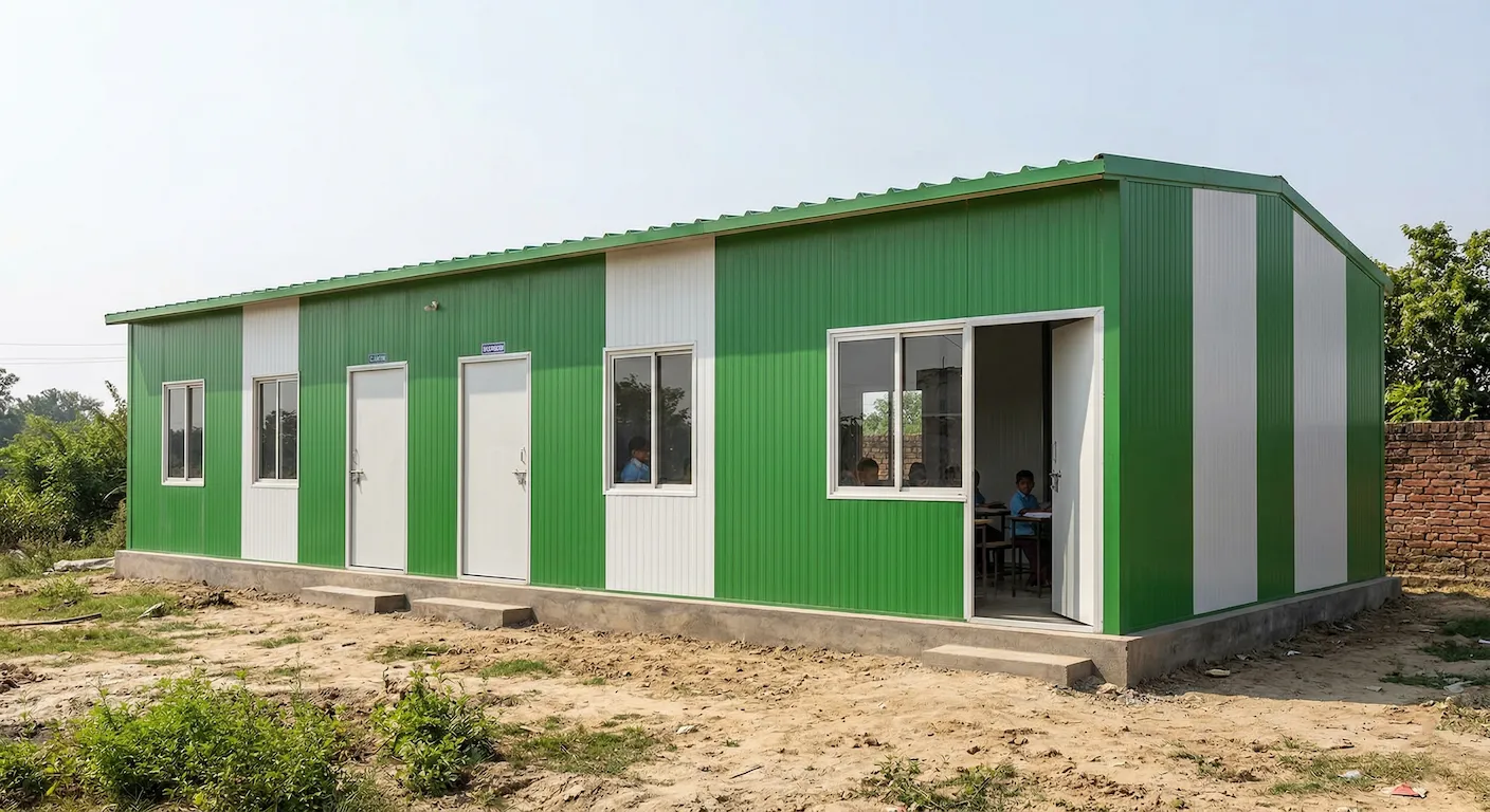 Economical school classroom extension built with prefabricated EPS panels in Uttar Pradesh