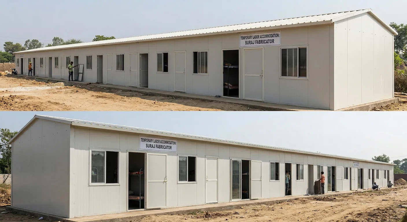 Row of temporary labor bunkhouses constructed with insulated EPS panels in UP